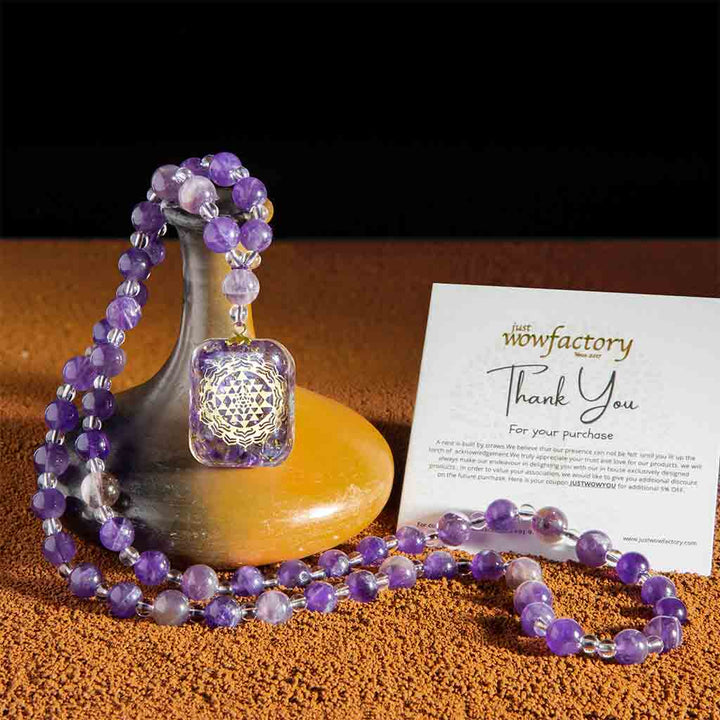 Inviting Well Being 108 Sriyantra Aventurine, Amethyst Clear Quartz Mala