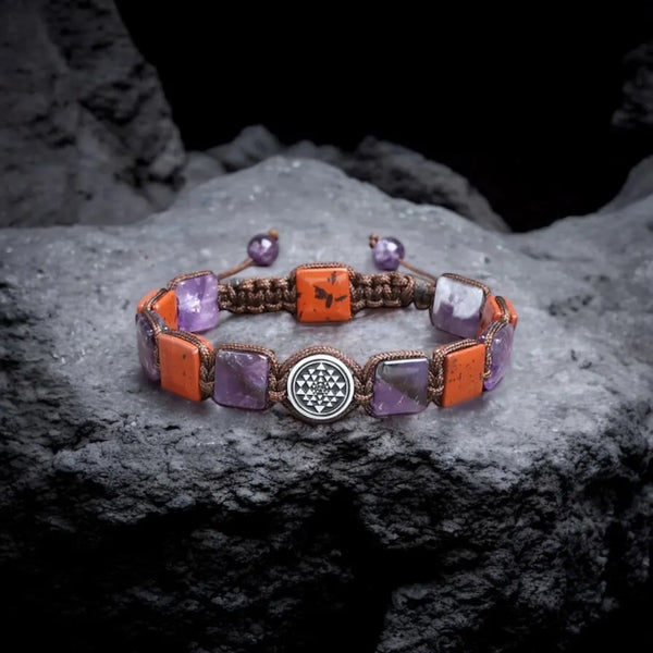 Renounce The Worry Sriyantra Flatbead Amethyst Red Jasper Bracelet