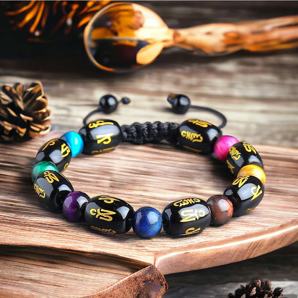 Peaceful &amp; Vibrant 7 Chakra Tiger Eye Obsidian Bracelet