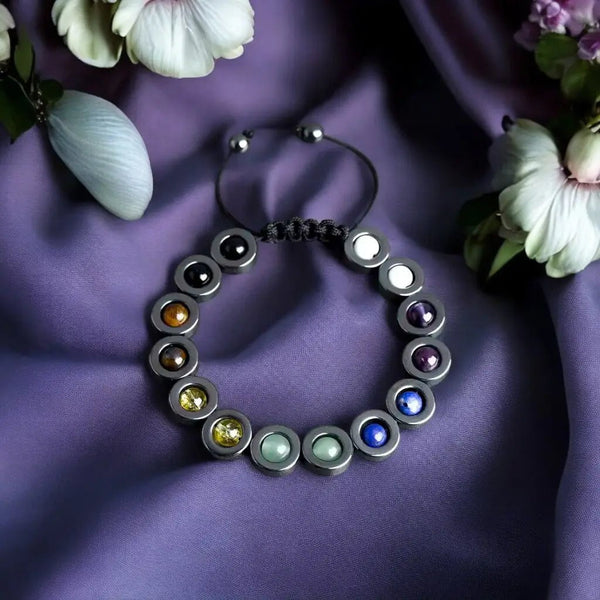 The Magnetic 7 Chakras Flat beaded Hematite Bracelet