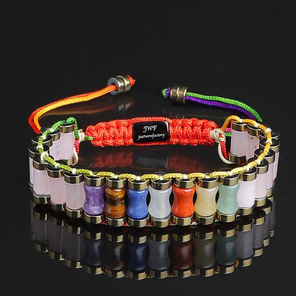 The Unfailing will 7 Chakras Activating Bracelet in grey background