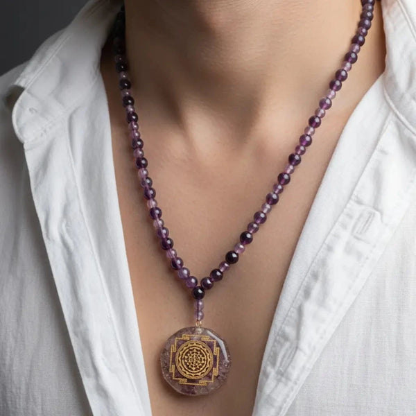 Rejuvenating 108 Amethyst Sriyantra Pendant Mala
