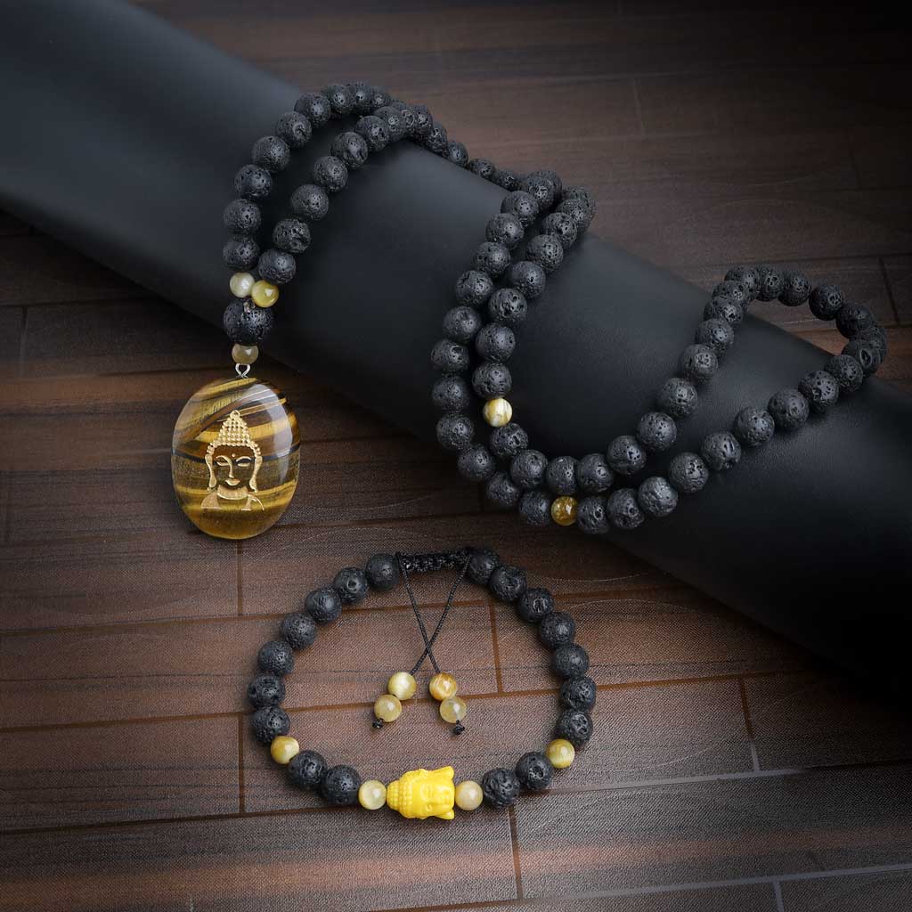 JWF™ &quot;Be Peace Evangelist&quot; Blissful Hand Carved Buddha Lava Bracelet &amp; Mala