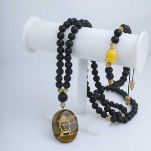 JWF™ "Be Peace Evangelist" Blissful Hand Carved Buddha Lava Bracelet & Mala