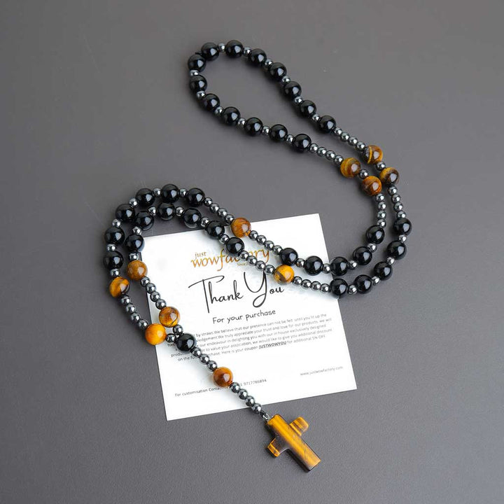 The Highest Delight Cross Tiger Eye Obsidian Hematite Mala