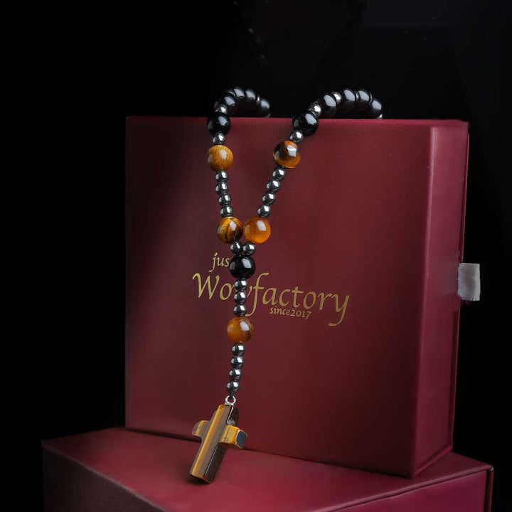 The Highest Delight Cross Tiger Eye Obsidian Hematite Mala