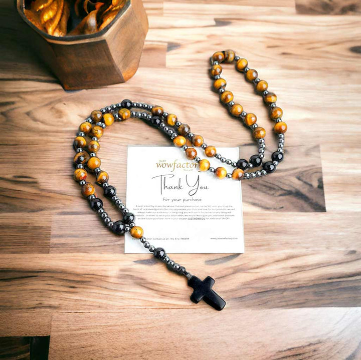 The Highest Delight Cross Tiger Eye Obsidian Hematite Mala