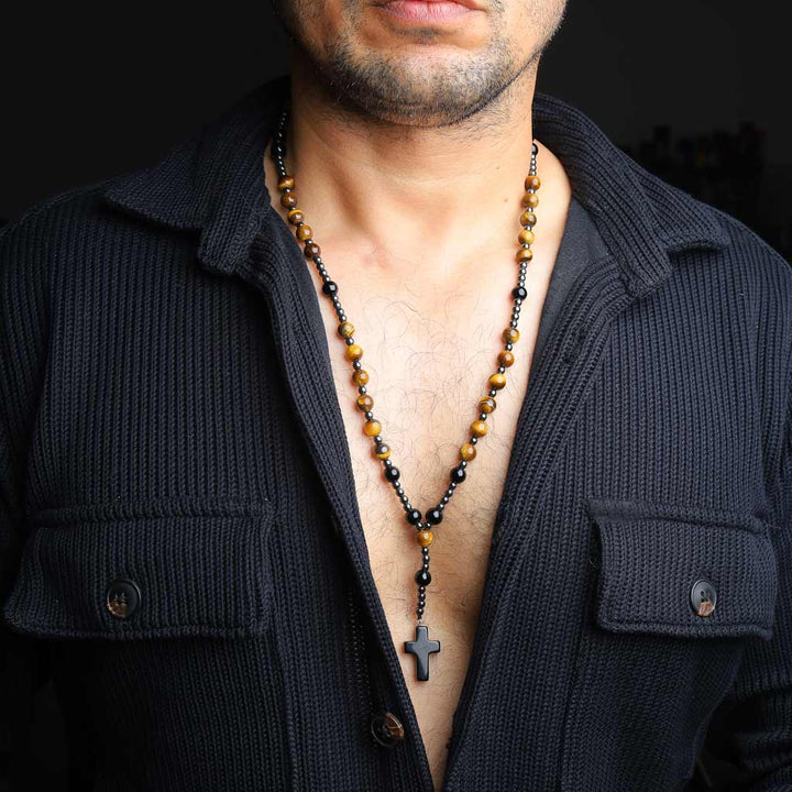 The Highest Delight Cross Tiger Eye Obsidian Hematite Mala