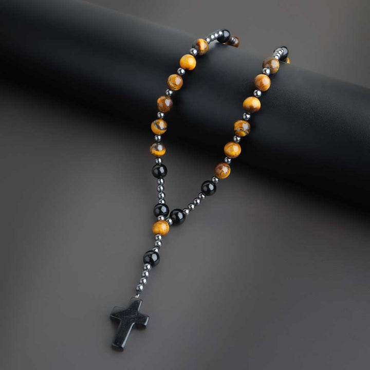 The Highest Delight Cross Tiger Eye Obsidian Hematite Mala