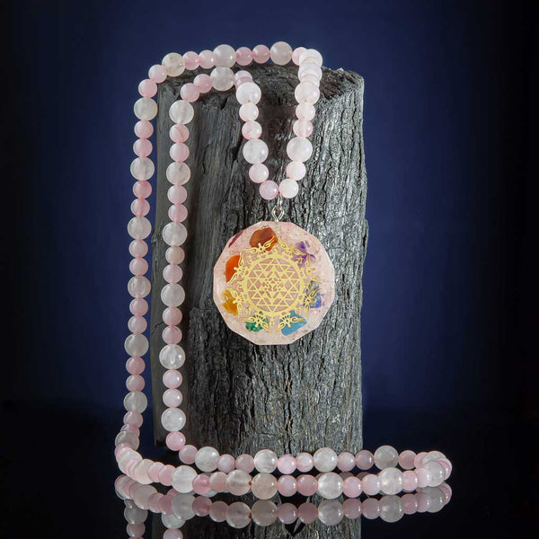 Harmony & Love Infusion 108 Divine 7 Chakra Sriyantra Pendant Rose Quartz Mala & Bracelet