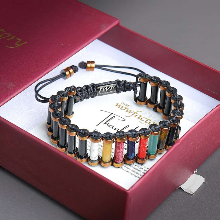 Karmic Ignition 7 Chakra Aligning Tiger Eye Agate Tribal Bracelet with packing