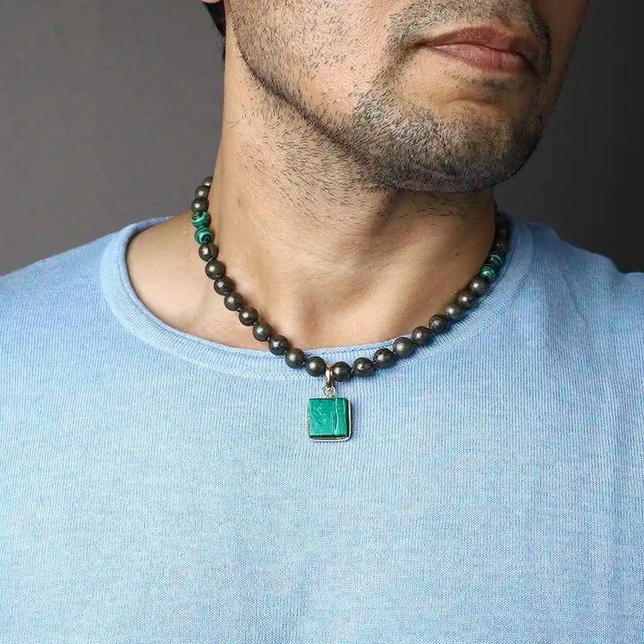 Malachite Pendant Pyrite Healing Stone Necklace