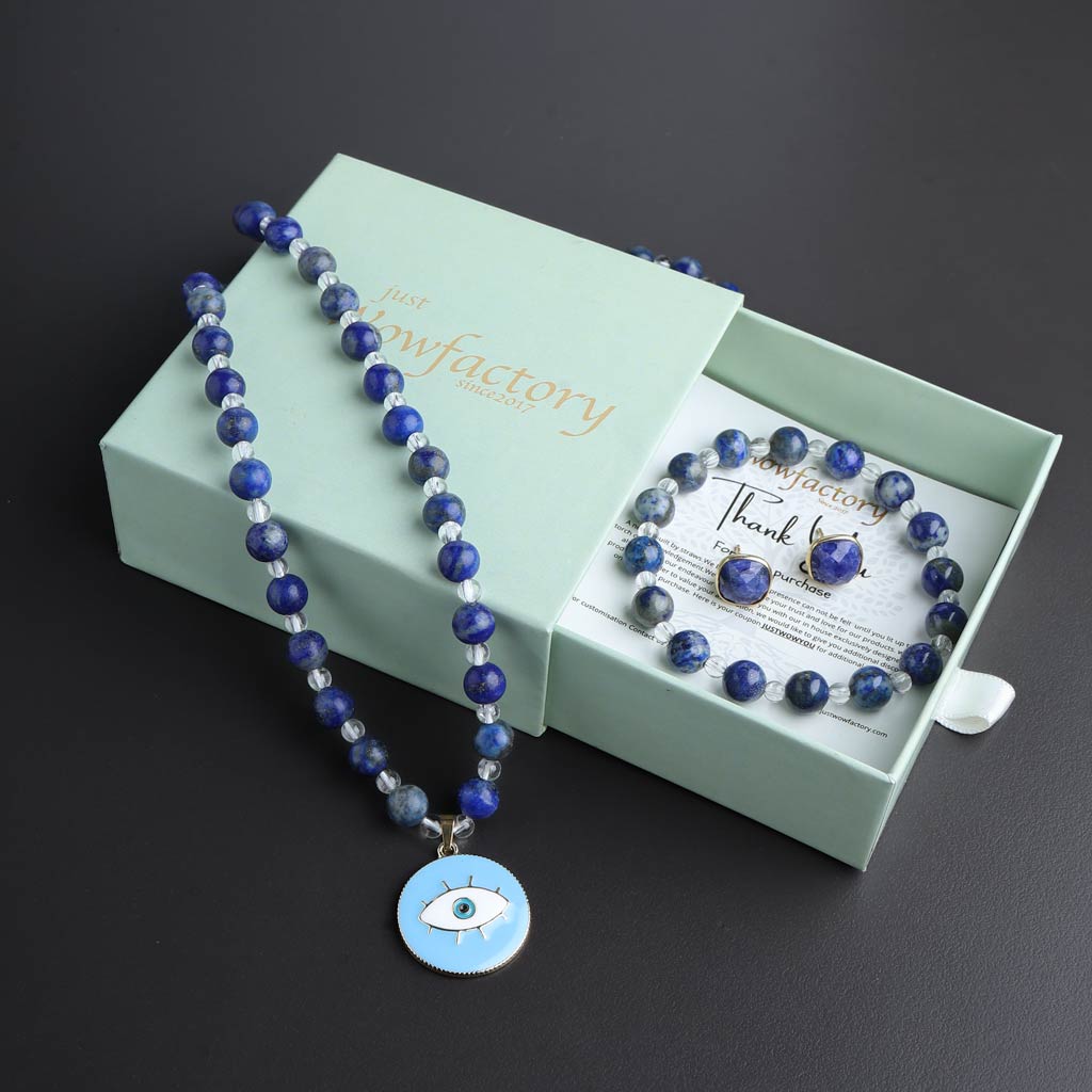 Unparalleled Magnanimity  108 Lapis Lazuli Mala, Bracelet &amp; Sapphire Earrings Set