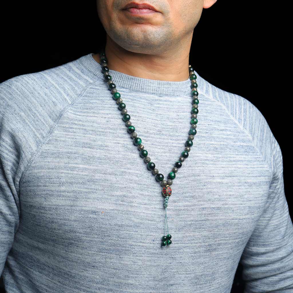 Live To Succeed Pyrite Green Tiger Eye Mala Necklace