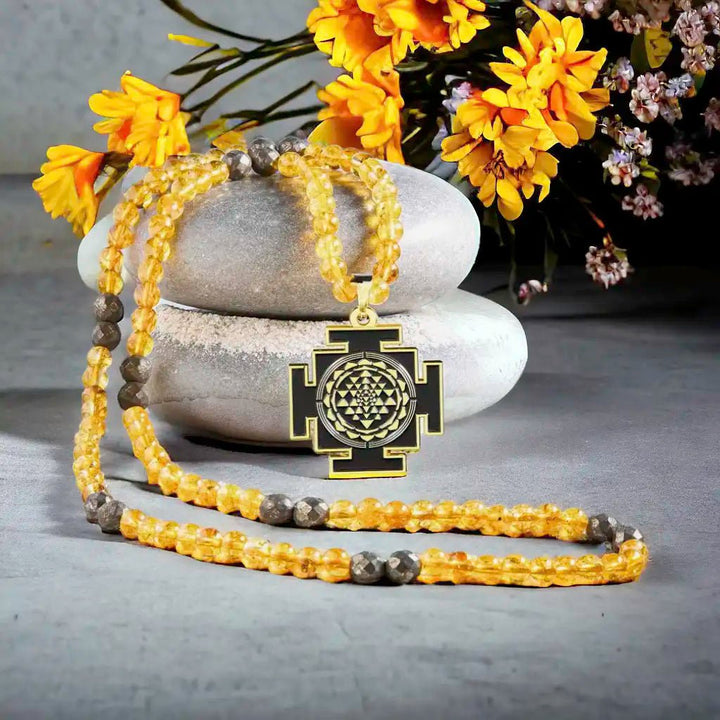 Manifest Abundance 7 Chakra Sri Yantra Pendant and 108 Citrine Pyrite Justwowfactory
