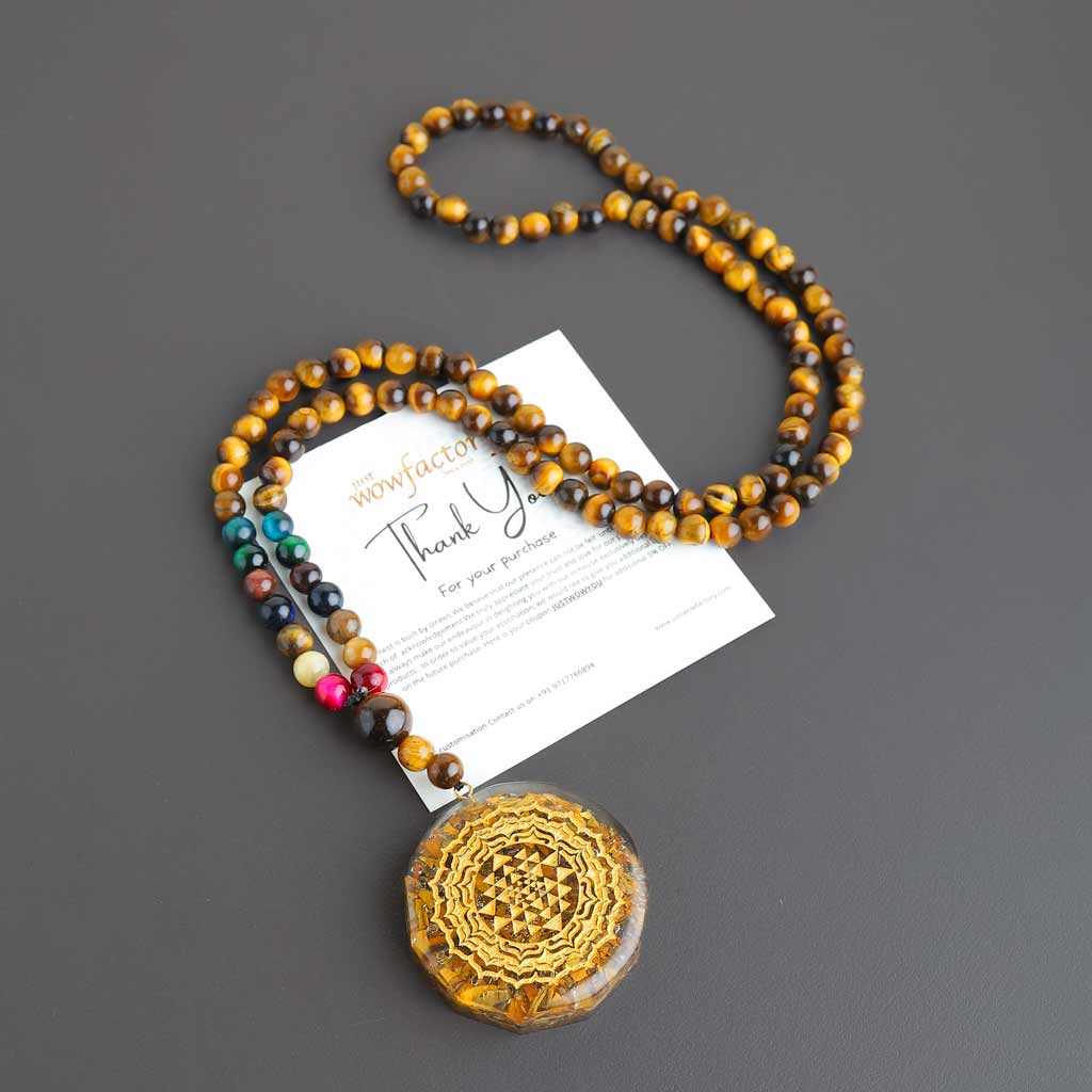 Popular Sri Yantra Pendant 14 kt gold Polish on 108 Tourmaline Gemstone Mala