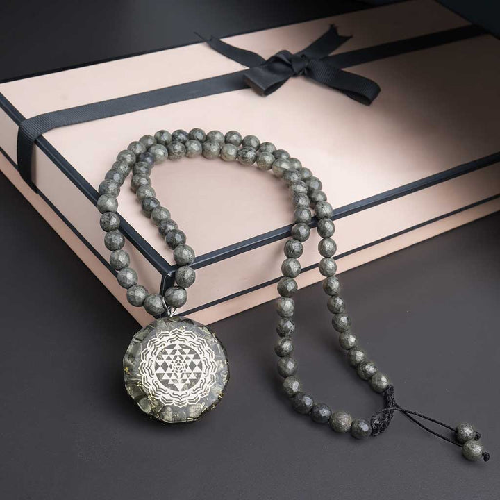 The Wealth Raising Sriyantra Pendant Pyrite  Necklace Mala