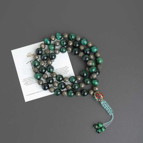 Live To Succeed Pyrite Green Tiger Eye Mala Necklace