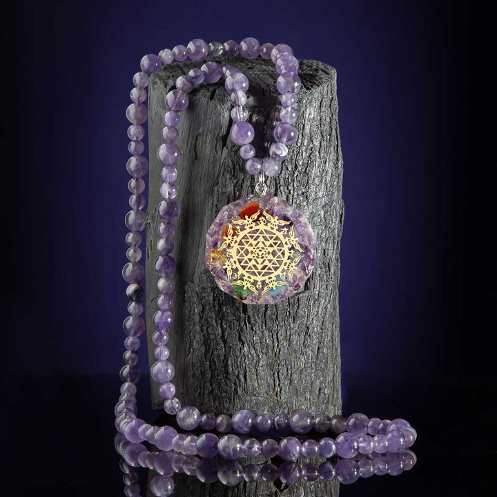 Rejuvenating 108 Amethyst Sriyantra Pendant Mala