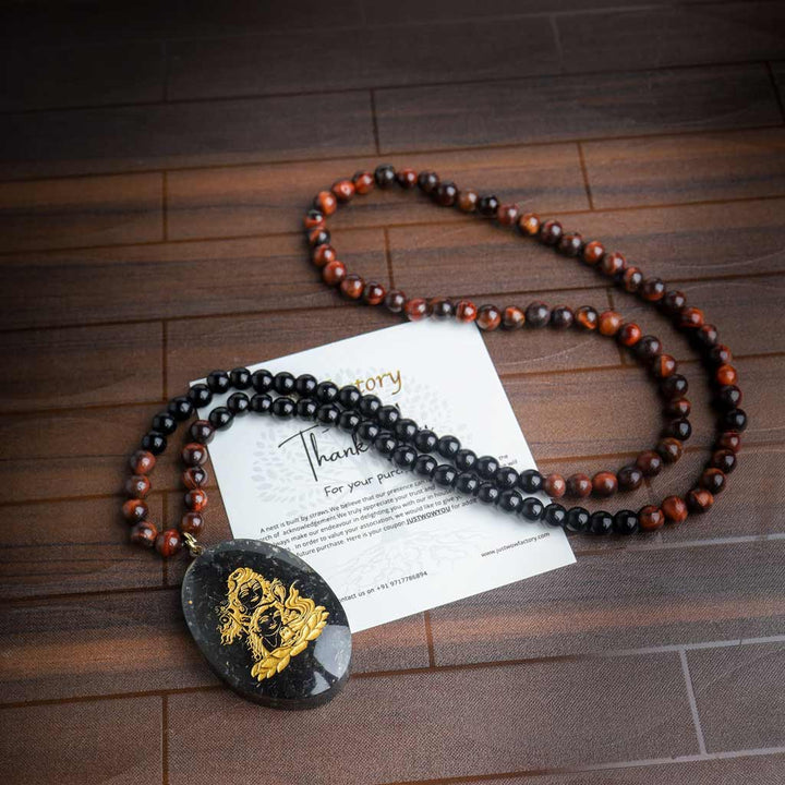 108 Shiva Pendant Mala with 7 Chakra & Tiger Eye Stones: Devotion Unchallenged