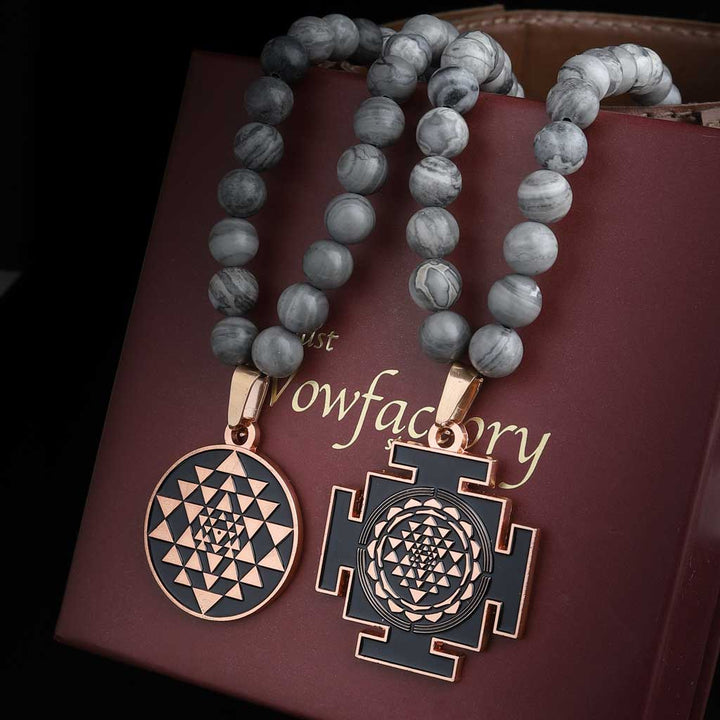 Luxurious Windfall Sriyantra Grey Jasper Mala