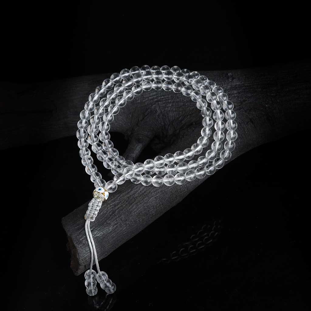 JWF™ Stay Resonated With Calming 108 Clear Quartz Sphatik Evil Eye Mala