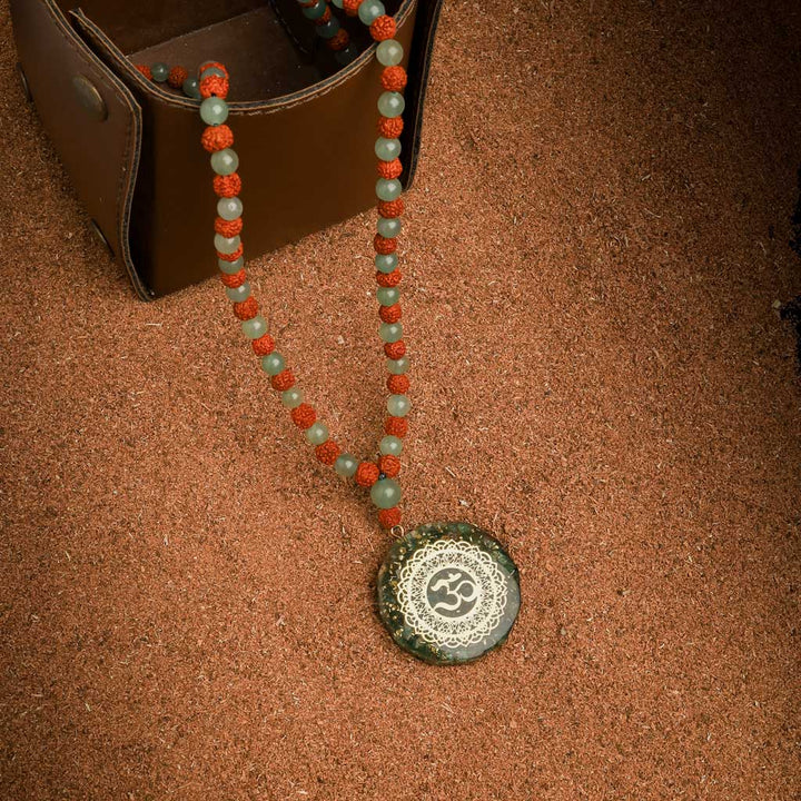 The Auspicious Gratitude Aum Pendant 108 Aventurine, Tiger Eye Rudraksha Mala