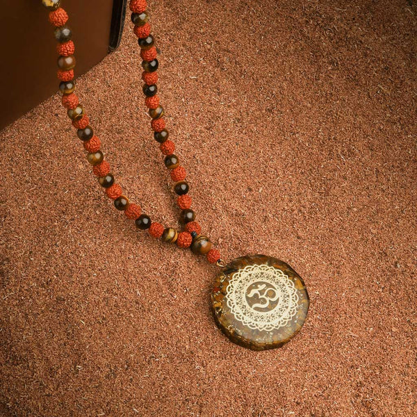 The Auspicious Gratitude Aum Pendant 108 Aventurine, Tiger Eye Rudraksha Mala