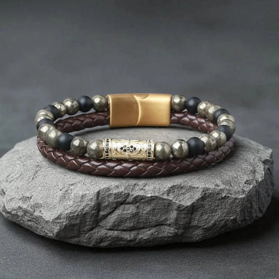 Unconditional Praise Flat beaded pyrite Leather Bracelet