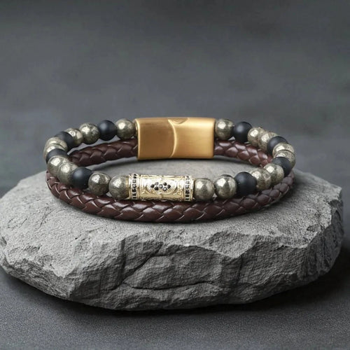 Unconditional Praise Flat beaded pyrite Leather Bracelet