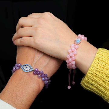 Bond Strengthening Evil Eye Amethyst & Rose Quartz Couple Bracelet