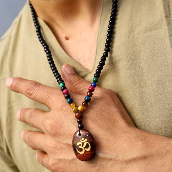 Balanced Energy  108 Aum Tiger Eye Pendant 7 Chakra Mala