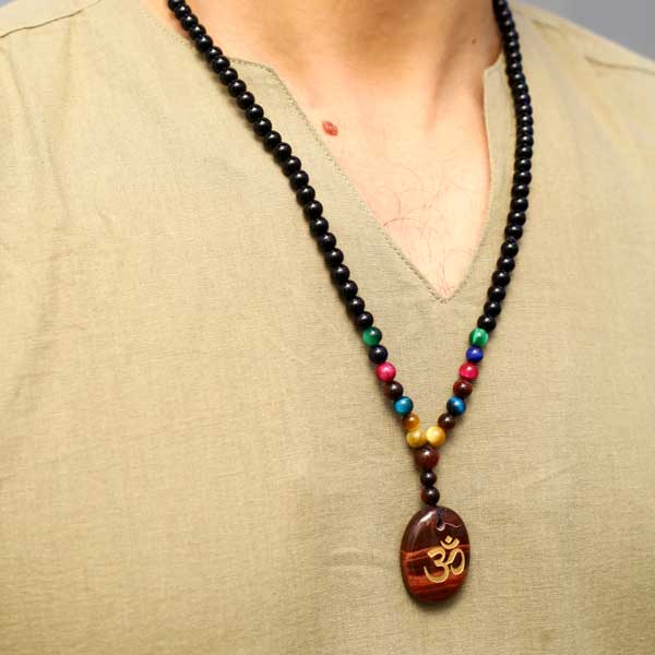 Balanced Energy  108 Aum Tiger Eye Pendant 7 Chakra Mala