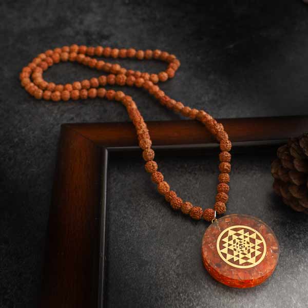 JWF™ Exclusive Natural Sri Yantra Pendant With 108 Lava & Rudraksha bead Mala For Peace & Meditation