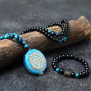 "Embolden Spirit of Get Going" 108Turquoise Sriyantra Pendant Agate Tiger Eye Mala & Bracelet