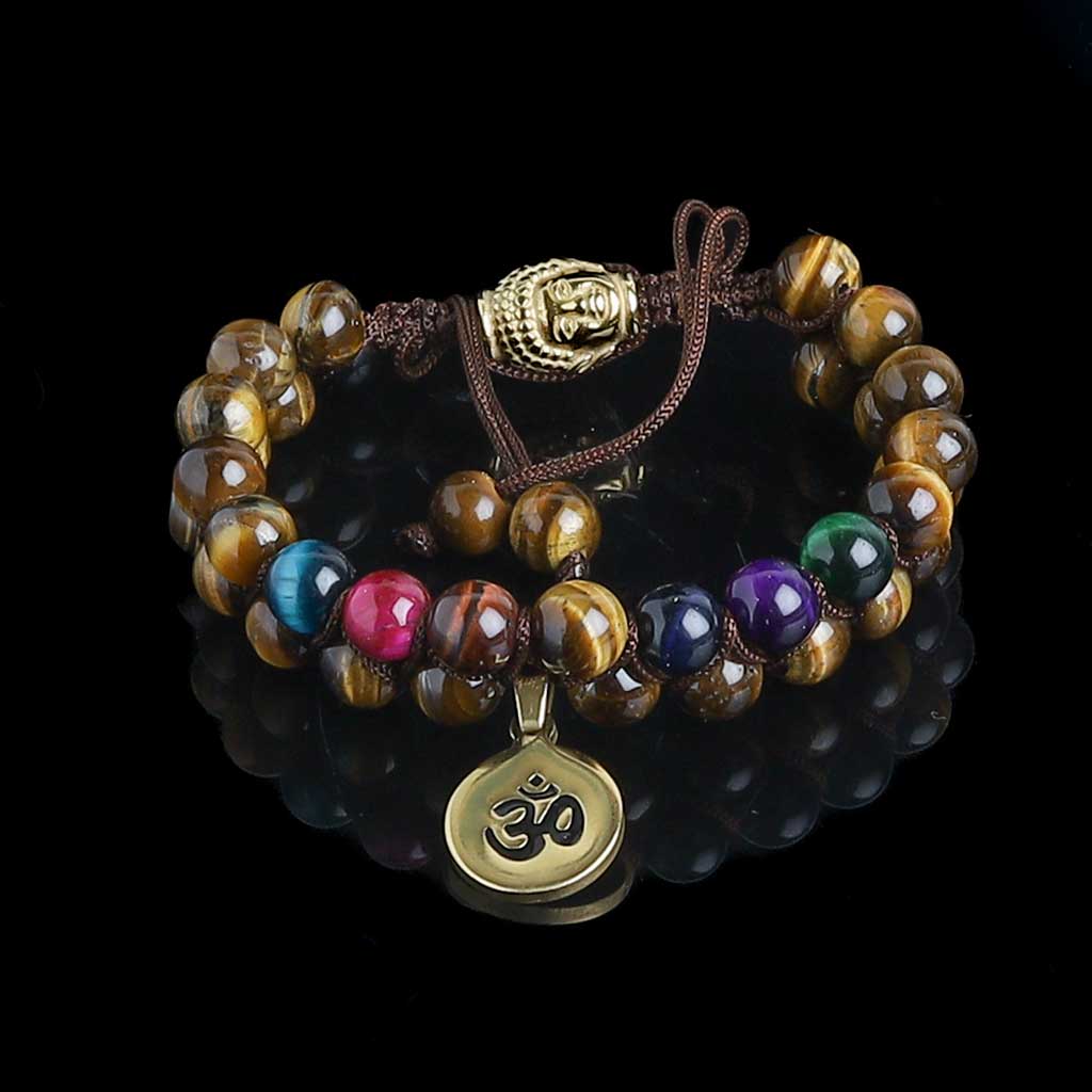 JWF™ &quot; Chakra Purifying&quot; 7 Chakra Tiger Eye Stainless Steel Aum Buddha Bracelet