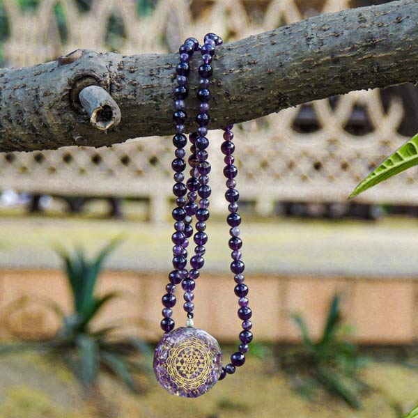 Rejuvenating 108 Amethyst Sriyantra Pendant Mala