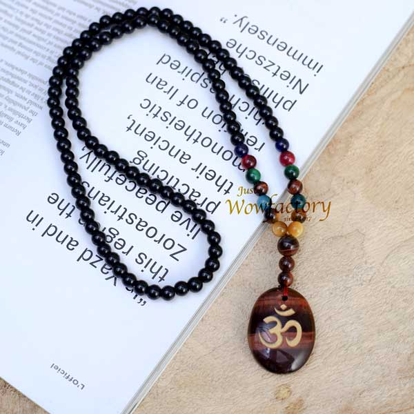 Balanced Energy  108 Aum Tiger Eye Pendant 7 Chakra Mala